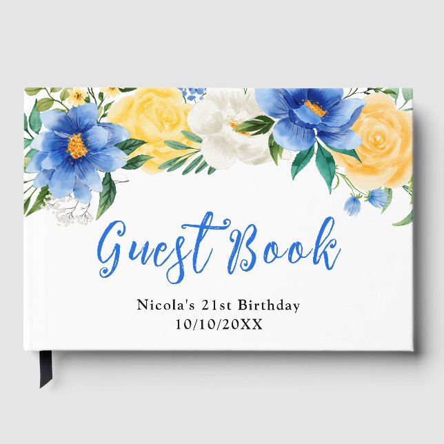 Blå och gula blommor med lövverk födelsedag gästböcker (Framsida)