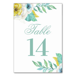 Blå och gula blommor. Mint blommigt bröllop Bordsnummer