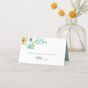 Blå och gula blommor. Mint botanical bröllop Placeringskort