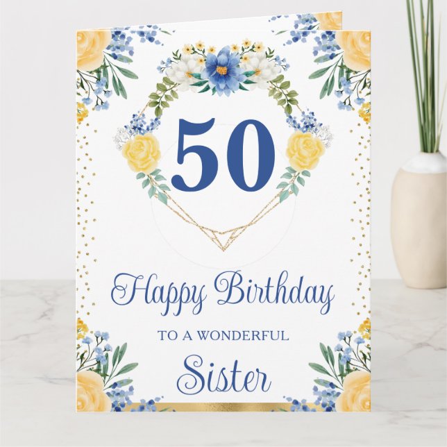 Blå och gula blommor syster födelsedagskort kort (Framsida)