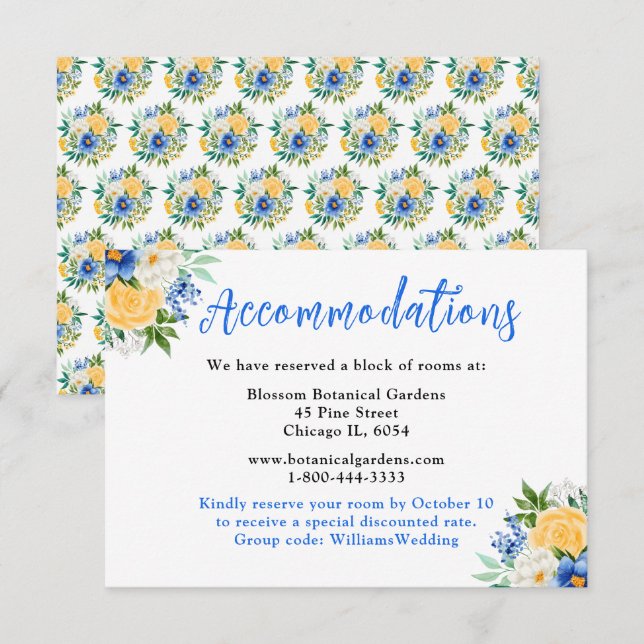 Blå och gula blomsterbröllopsboenden tilläggskort (Fram/baksida)