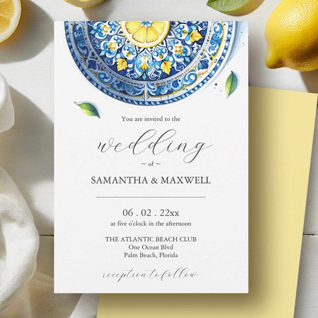 Blå och gula bröllopsinbjudningar tryckning inbjudningar (Blue and yellow wedding invitation party of a stationery suite.)