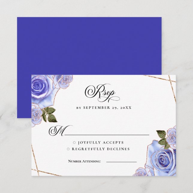 Blå och gula rosor Glitter Bröllop RSVP-kort Inbjudningar (Fram/baksida)