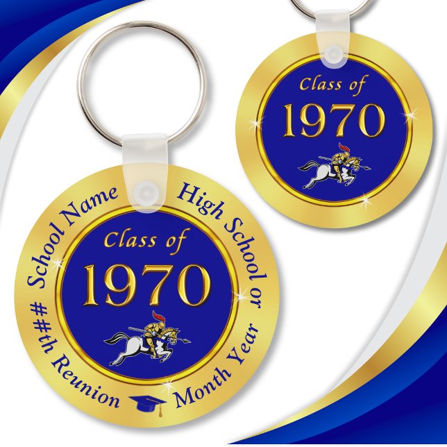 Blå och Guld, 1970 års återförening, favoriter Nyckelring (Blue Gold, Knight on Horse, Class of 1970 Reunion, Party Favors. Cheap, Class of 70 ideas for gifts.)