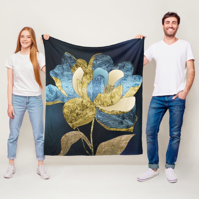 Blå och Guld Abstrakt blomma med texturerade Petal Fleecefilt (På plats)