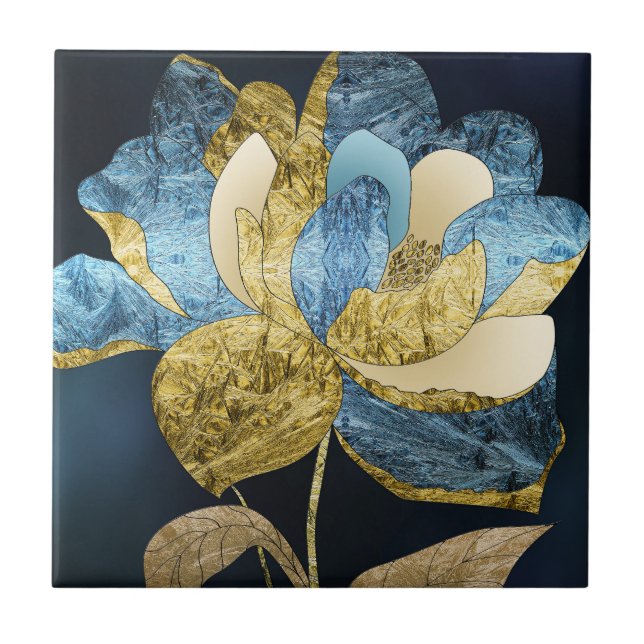 Blå och Guld Abstrakt blomma med texturerade Petal Kakelplatta (Framsidan)