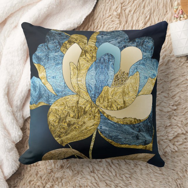 Blå och Guld Abstrakt blomma med texturerade Petal Kudde (Filt)