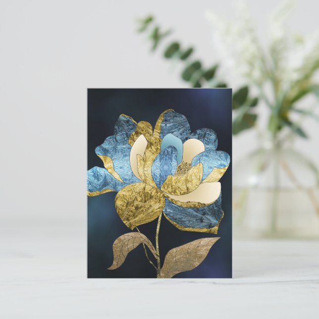Blå och Guld Abstrakt blomma med texturerade Petal Vykort (Stående Fram)