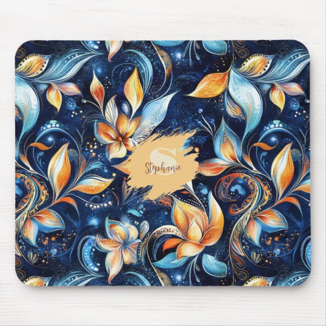 Blå och Guld Abstrakt Paisley Löv (2) Musmatta (Framsidan)