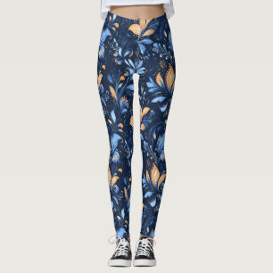 Blå och Guld Abstrakt Paisley Löv (3) Leggings