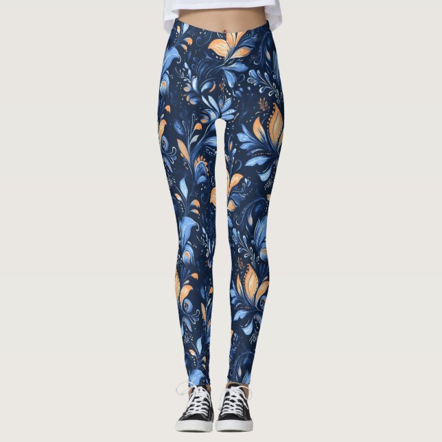 Blå och Guld Abstrakt Paisley Löv (3) Leggings (Framsida)