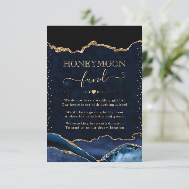 Blå och Guld Agat Bröllopsmånad Honeymoon Fond Tilläggskort (Stående Fram)