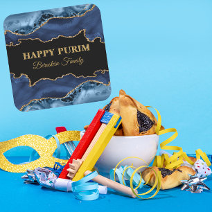 Blå och Guld Agate Hebrew Lycklig Purim Stickers Fyrkantigt Klistermärke