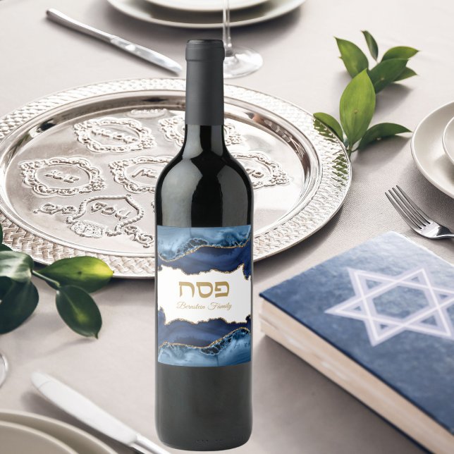 Blå och Guld Agate Hebrew Passover Seder Vinflaska Etikett (Skapare uppladdad)