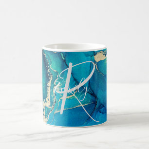 Blå och Guld Agate Marble Abstrakt Namn Monogram Kaffemugg