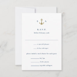 Blå och Guld Anchor Nautical Coastal Bröllop OSA Kort