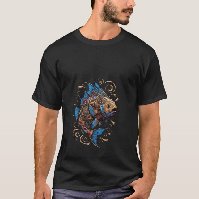 Blå Och Guld Ångpunktsfiskdesign För Entusiasten T Shirt (Framsida)