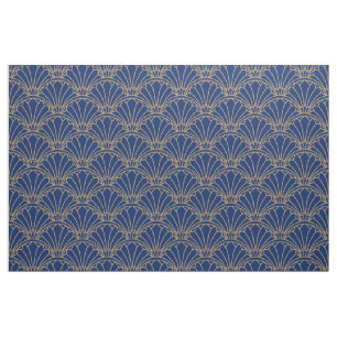 Blå och Guld Art Deco Fläkt Flowers Motif Tyg