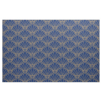 Blå och Guld Art Deco Fläkt Flowers Motif Tyg