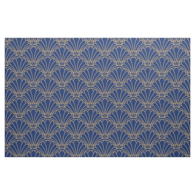Blå och Guld Art Deco Fläkt Flowers Motif Tyg (Fat Quarter)
