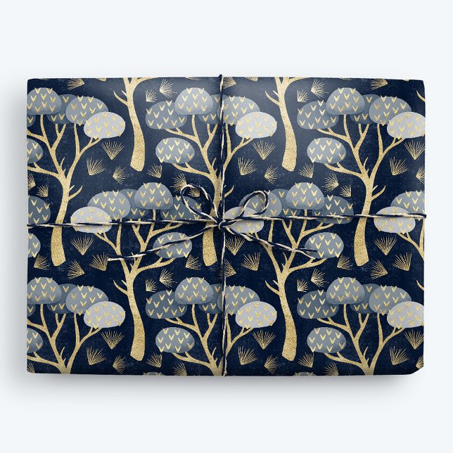 Blå och Guld Art Deco Gräs Träd Presentpapper (Skapare uppladdad)