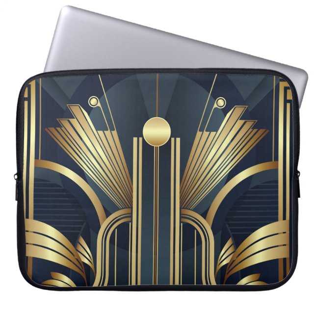 Blå Och Guld Art Deco  Laptop Fodral (Framsidan)