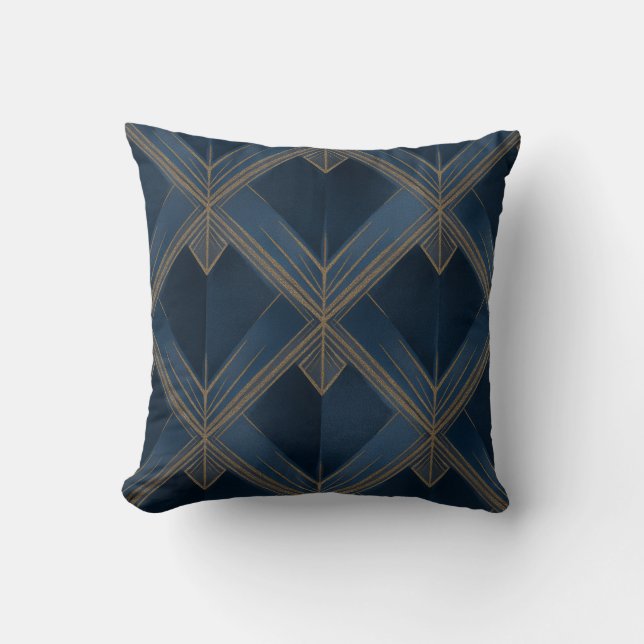 Blå och Guld Art Deco Mönster 3 Dekorativ kudde (Framsida)