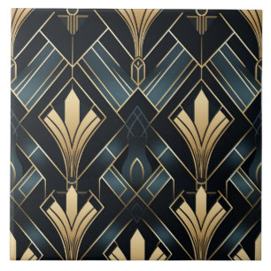 Blå och Guld Art Deco, Shiny och Mörk Kakelplatta
