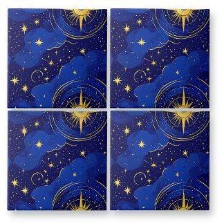 Blå och Guld Astrology Stars och Himmel Kakelplatta
