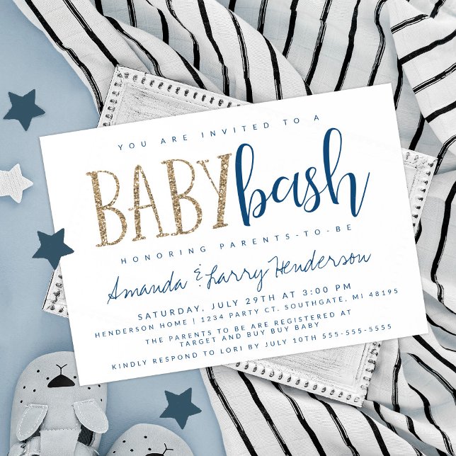 Blå och guld Baby Bash, Par Baby Shower Inbjudningar (Skapare uppladdad)
