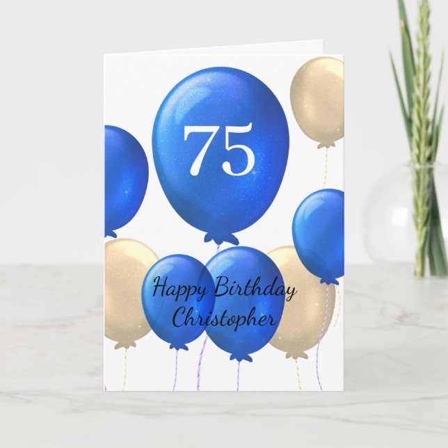 Blå och Guld Ballonger 75-årsdag Kort (Framsida)