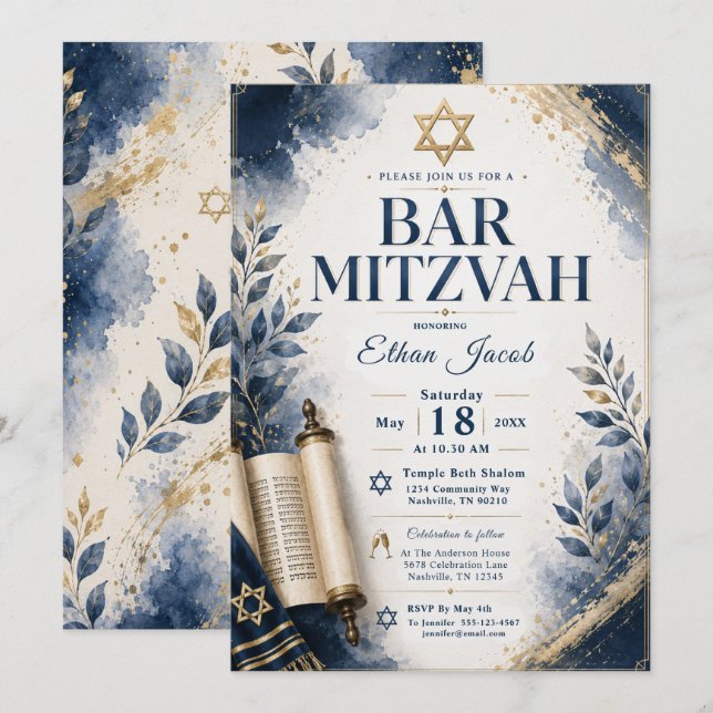 Blå och guld Bar Mitzvah Inbjudningar (Fram/baksida)