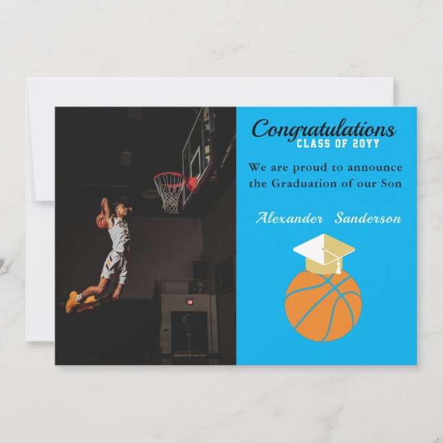Blå och guld basketboll examensannonsering meddelande (Framsida)