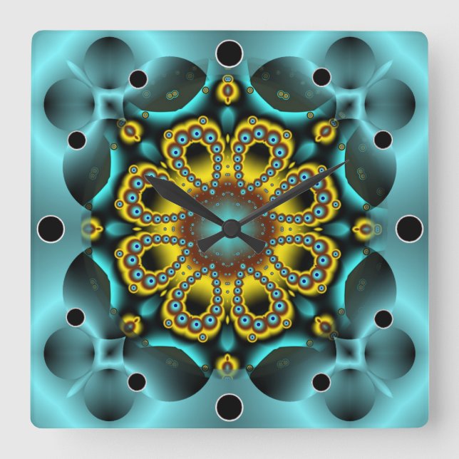 Blå och Guld blomma och fjärilar Fyrkantig Klocka (Framsida)