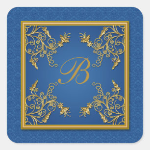 Blå och Guld Blommigt Damask Monogram Sticker Fyrkantigt Klistermärke