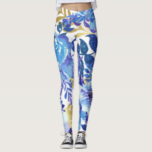 Blå och Guld Blommigt Leggings