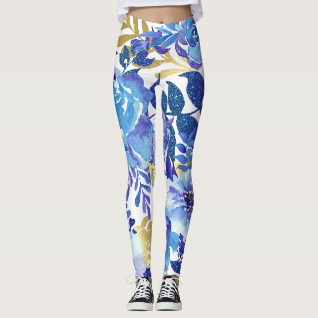 Blå och Guld Blommigt Leggings (Framsida)