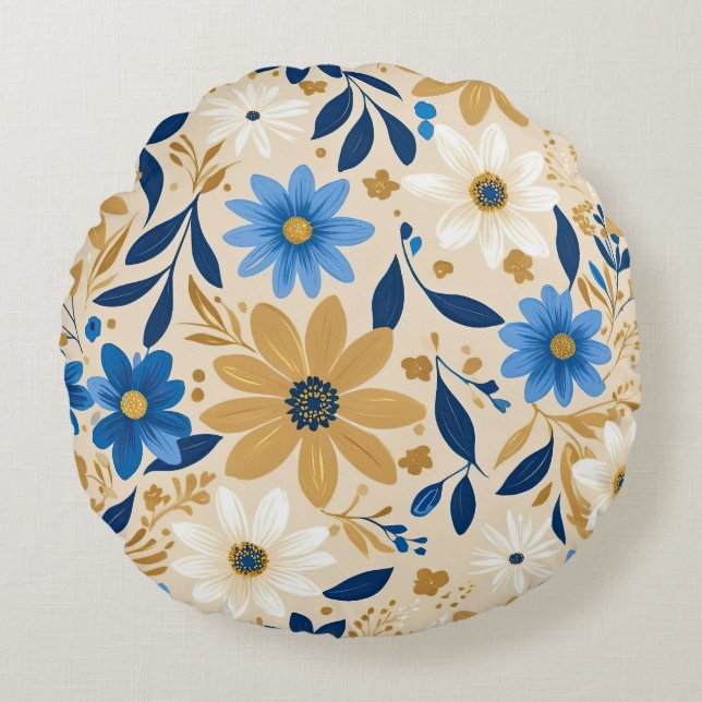 blå och guld blommigt rund kudde (Framsidan)
