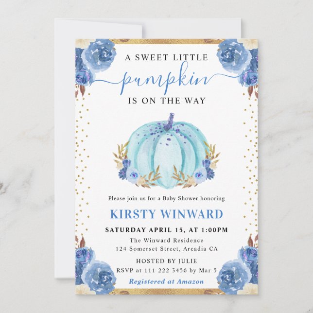Blå och guld blomsterpumpa höst baby shower inbjudningar (Framsida)