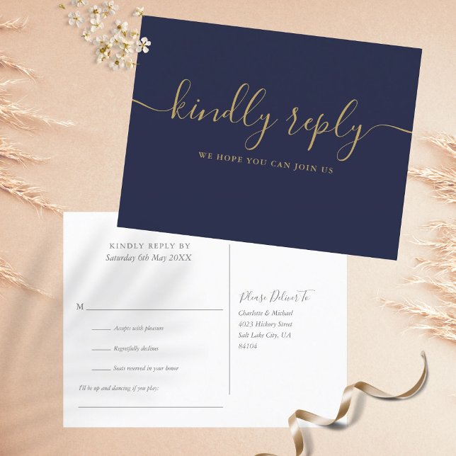 Blå Och Guld Bröllop Låtsed Request RSVP Inbjudan Vykort (Skapare uppladdad)