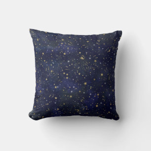 Blå och Guld Celestial Stars Whimsical Watercolor Kudde