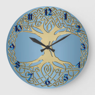 Blå och Guld Celtic Knot Livets träd Clock Stor Klocka
