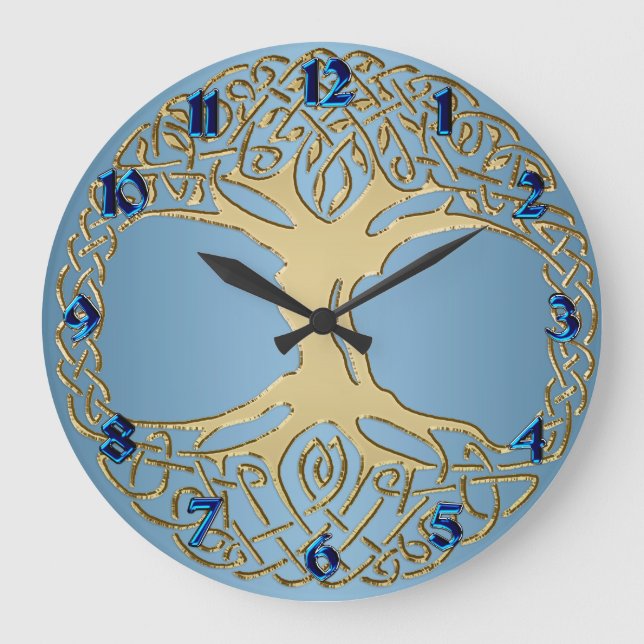 Blå och Guld Celtic Knot Livets träd Clock Stor Klocka (Framsida)