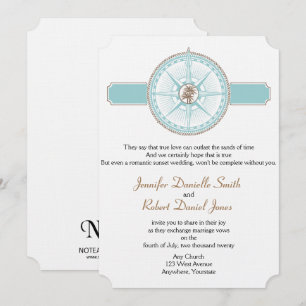 Blå och Guld Compass Ro Beach Wedding Inbjudningar