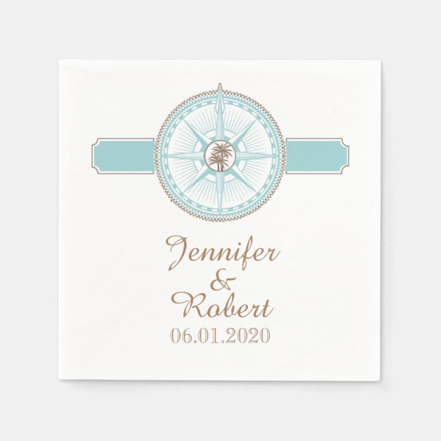 Blå och Guld Compass Ro Beach Wedding Napkin Pappersservett (Framsidan)