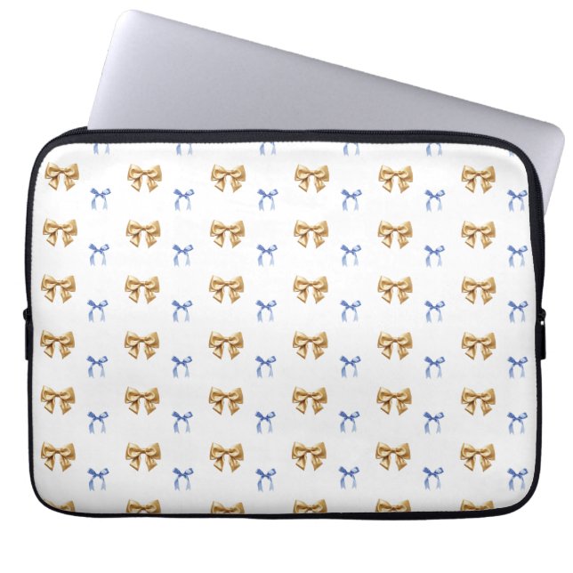 Blå och Guld Coquette Bow Laptop Fodral (Framsidan)