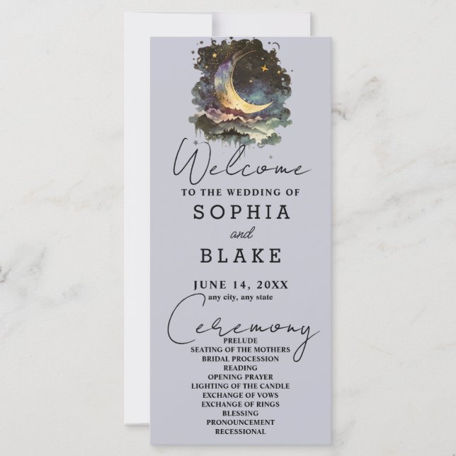 Blå och Guld Crescent Måne Stars Clouds Bröllop (Framsida)
