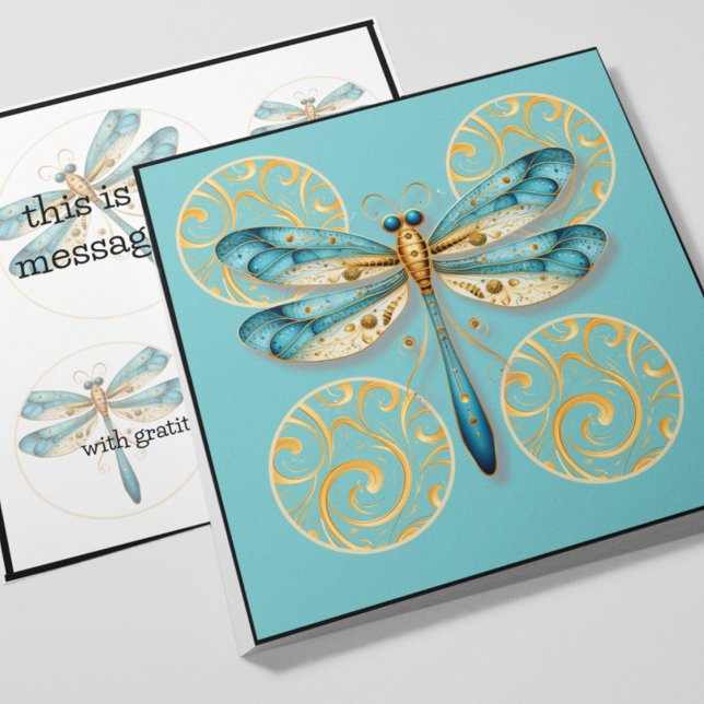 Blå och Guld Dragonfly med Gräns Inbjudningar (Aqua and gold dragonfly customizable greeting card with gold accents and circles. )
