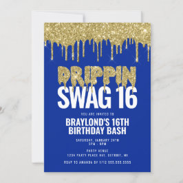 Blå och guld Drippin Swag 16 födelsedag  Inbjudningar