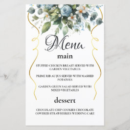 Blå och Guld Elegant Blommig Rustik Akvarell Meny